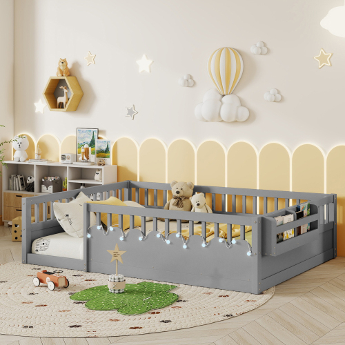 Full Montessori Floor Bed Frame with High Rails, Wood Kids Floor Beds with Light and Storage Shelf, Gray(Expect Arrival Date 2025/8/15) - Grey - Grey