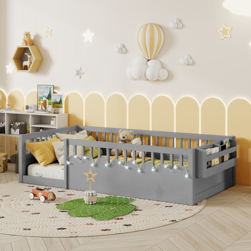 Twin Montessori Floor Bed Frame with High Rails, Wood Kids Floor Beds with Light and Storage Shelf, Gray (Expect Arrival Date 2025/8/15) - Grey - Grey