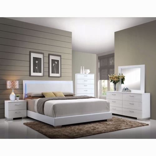 White Queen Bed with LED Light Headboard - Faux Leather - Contemporary - Bedroom - Panel - Box Spring Required - Faux Leather - Wood