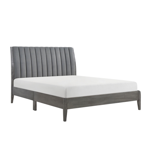 Modern Style Queen Platform Bed 1pc Velvet Upholstered Headboard Gray Finish Solid Wood Legs Bedroom Furniture Bed in a Box - Engineered Wood - Box Spring Not Required
