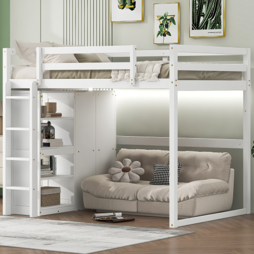 Wood Full Size Loft Bed with Built-in Wardrobe and Storage Shelves, Led light, White - Solid Wood+MDF - Bedroom - Bed Frame - Box Spring Not Required