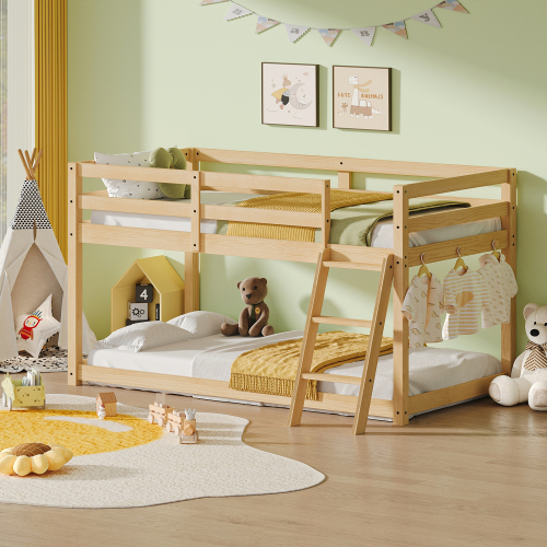 Kids Twin Low Loft Bed - Convertible to Bunk Bed, Solid Wood Modern Bed Frame with LED Strip Lighting, OAK. - Pine