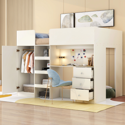 Wood Full Size Loft Bed with Built-in Wardrobe, Desk, Storage Shelves and Drawers, Beige - Solid Wood+MDF - Bedroom - Bed Frame - Box Spring Not Required