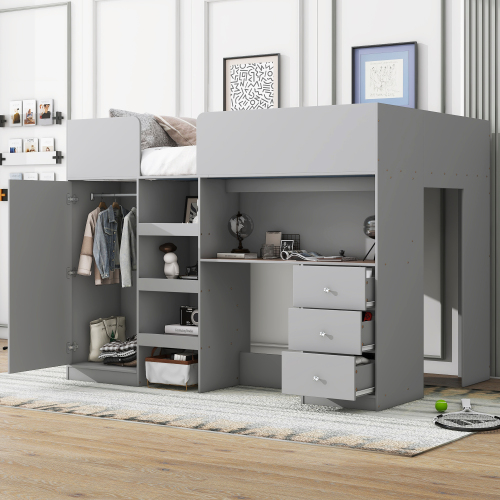 Wood Full Size Loft Bed with Built-in Wardrobe, Desk, Storage Shelves and Drawers, Grey - Solid Wood+MDF - Bedroom - Bed Frame - Box Spring Not Required