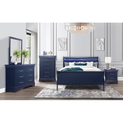 CHARLSTON BLUE KING BEDROOM SET - Solid Wood+MDF - Solid Wood+MDF - Modern - Rubberwood - Not Specified - Box Spring Required - Not Specified - Not Specified - Not Specified - Bed Included,Chest Included,Dresser Included,Mirror Included,Nightstand Included - 5 Piece Set - Built-in Lighting