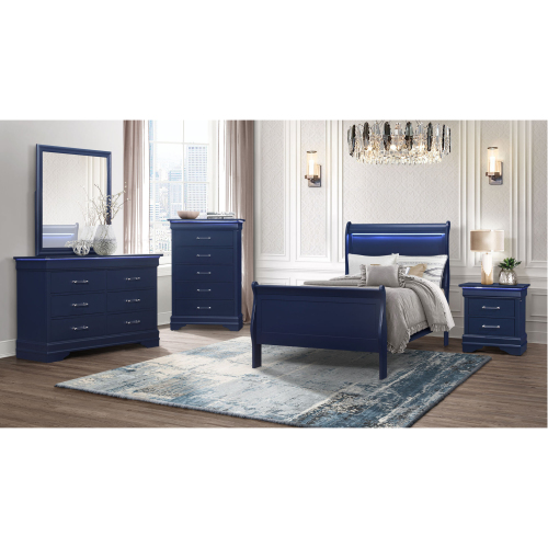 CHARLSTON BLUE FULL 5PC BEDROOM SET - Solid Wood+MDF - Solid Wood+MDF - Modern - Rubberwood - Not Specified - Box Spring Required - Not Specified - Not Specified - Not Specified - Bed Included,Chest Included,Dresser Included,Mirror Included,Nightstand Included - 5 Piece Set - Built-in Lighting