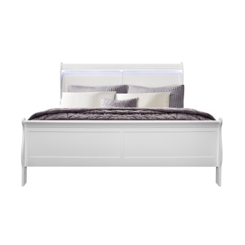 CHARLSTON WHITE KING BED WITH LED - Solid Wood+MDF - Solid Wood+MDF - Modern - Bedroom - Rubberwood - Sleigh - Box Spring Required - Not Specified - Not Specified - Not Specified - Not Specified - Not Specified - Not Specified - Not Specified