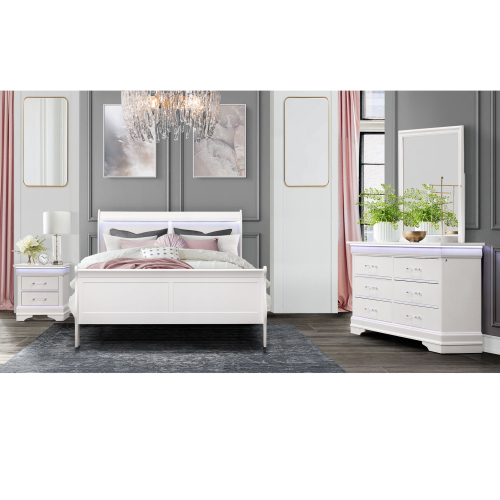 CHARLSTON WHITE QUEEN BEDROOM SET - Solid Wood+MDF - Solid Wood+MDF - Modern - Rubberwood - Not Specified - Box Spring Required - Not Specified - Not Specified - Not Specified - Not Specified - Bed Included,Chest Included,Dresser Included,Mirror Included,Nightstand Included - 5 Piece Set - Built-in Lighting