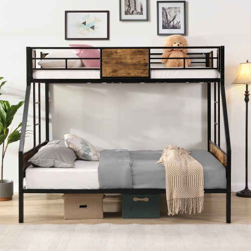 Twin Over FULL Metal Bunk Bed with 2 - Side Ladder and Full-Length Guardrail, No Box Spring Needed, Large Under Bed Storage, Easy Assemble , Black & Brown - Black+Brown - MDF+Metal - MDF