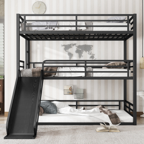 Full over Full over Full Bunk Bed with Slide, Metal Triple Bunk Bed with Safety Guardrails, Heavy-duty Bunk Bed with Noise-reduced Design, Black - Not Specified - Not Specified
