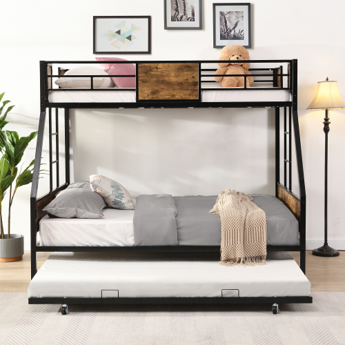 Twin Over FULL Metal Bunk Bed with Trundle 2 - Side Ladder and Full-Length Guardrail, No Box Spring Needed, Large Under Bed Storage, Easy Assemble , Black & Brown - Black+Brown - MDF+Metal - Not Specified - MDF - Not Specified