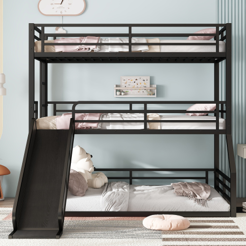 Twin over Twin over Full Bunk Bed with Slide, Metal Triple Bunk Bed with Safety Guardrails, Heavy-duty Bunk Bed with Noise-reduced Design, Black - Not Specified - Not Specified