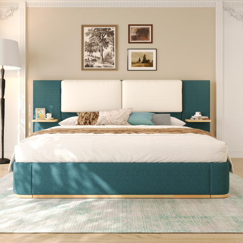 Queen Size Upholstered Platform Bed with Panel, Platform Bed Frame with Anti-Collision Soft Rounded Corners, Stable and Solid, No Box Spring Needed, Easy Assembly, Green - Beige