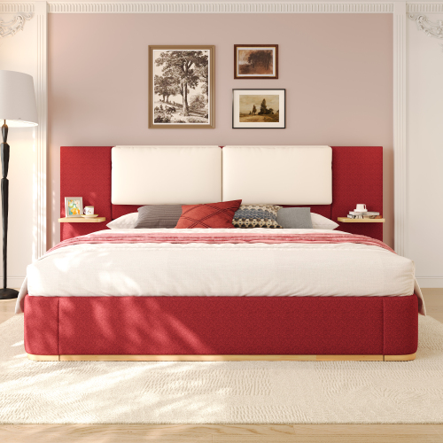 Queen Size Upholstered Platform Bed with Panel, Platform Bed Frame with Anti-Collision Soft Rounded Corners, Stable and Solid, No Box Spring Needed, Easy Assembly, Red - Beige