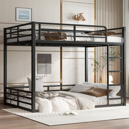 Metal Bunk Bed, Full XL over Full XL Floor Bunk Bed Frame,Heavy-Duty Bunk Bed for Kids, Teens, Adults, Noise-reduced Design, Black