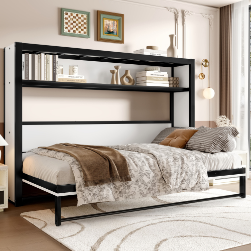 Twin Size Murphy Bed with Shelves, Metal Wall Bed with Foldable and Space-saving Design, White - Off White - MDF+Metal