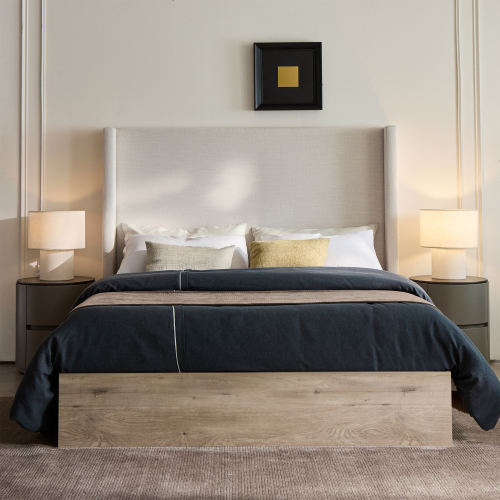 Shelton Upholstered Wingback Bed / 54" High Headboard / Wood Base / Rustic / Modern Farmhouse / Neutral / Scandinavian, Queen, Textured Ivory Canvas Chenille - Ivory,Light Grey+Camel Oak - Fabric+Metal - Foam - Casual,Contemporary,Farmhouse,Minimalist - Bedroom - Bed Frame - Box Spring Not Required - Oak