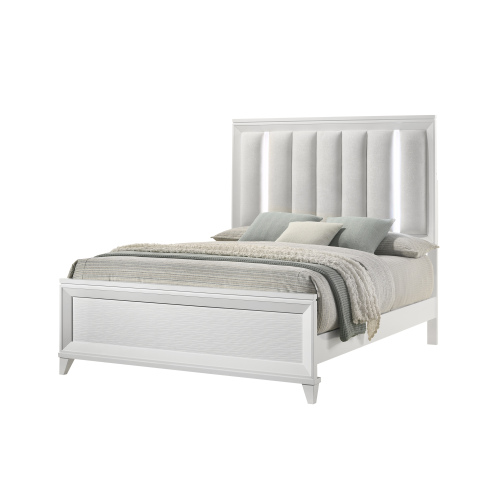 1pc Queen Size Panel Bed Upholstered Cushion LED Lights Headboard White Finish Wooden Solid Wood Furniture - Contemporary,Modern - Bedroom - Box Spring Required