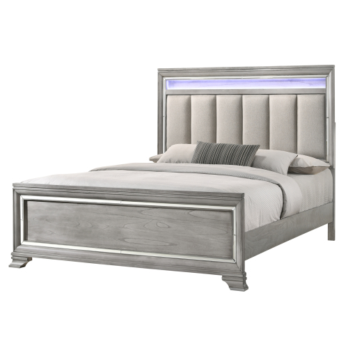 1pc King Size Panel Bed Integrated Led Lighting Tufted Headboard Wood Grain Soft Gray Finish Wooden Solid Wood Furniture - Contemporary,Modern - Bedroom - Box Spring Required