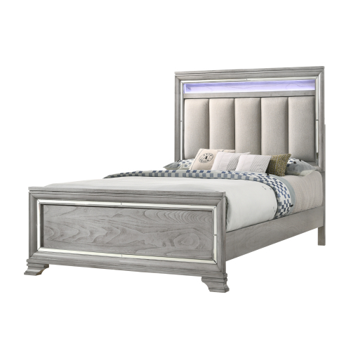 1pc Queen Size Panel Bed Integrated Led Lighting Tufted Headboard Wood Grain Soft Gray Finish Wooden Solid Wood Furniture - Ultra-Modern - Bedroom - Box Spring Required