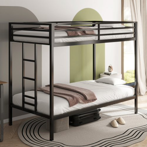 Adam Sturdy Twin Over Twin Bunk Bed Metal Black for Kids and Adult, Twin Over Twin Bunk Bed with Ladder and Guardrails, Easy Climbing, Beds for Bedroom - Bed Frame - Box Spring Not Required