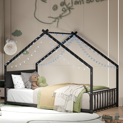 Twin Size House Bed with Roof and Colorful Lights, Metal Bed Frame with Slats and Legs, House Bed for Boy, Girls and Young Teens, No Box Spring Needed (Black) - Iron,Particle Board