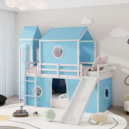 Twin Size Loft Bed with Slide Pink Tent and Tower - Blue (OLD SKU:WF532001AAC) - Solid Wood - Solid Wood