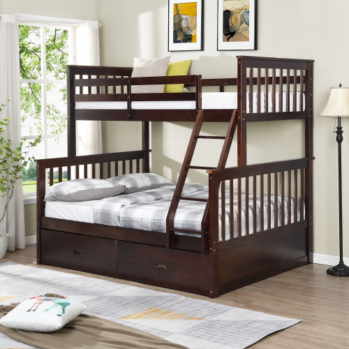 Twin Over Full Bunk Bed with Storage Drawers, Wooden Bunk Bed with Ladder and Safety Guard Rails –Espresso - Dark Brown - Solid Wood - Not Specified - Dark Brown - Solid Wood - Not Specified