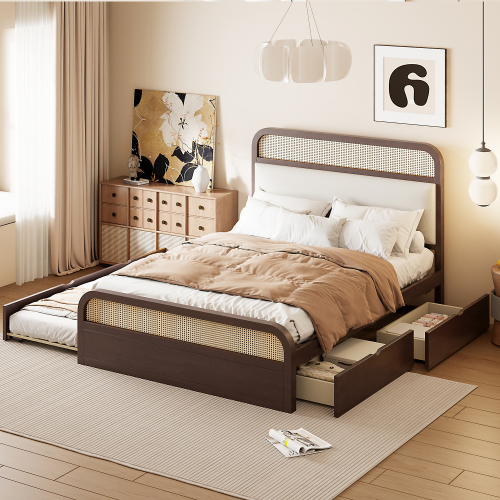 Queen size Wooden Platform Bed with Trundle and 2 Drawers,Espresso - Solid Wood+MDF