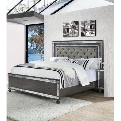 Modern Glam Style Upholstered Headboard Button Tufting Glass Inlay 1pc Queen Size Panel LED Lights Bed Gray Faux Leather Finish Solid Wood Wooden Bedroom Furniture - Wood+Fabric - Glam,Modern - Box Spring Required - Not Specified - Not Specified - Not Specified