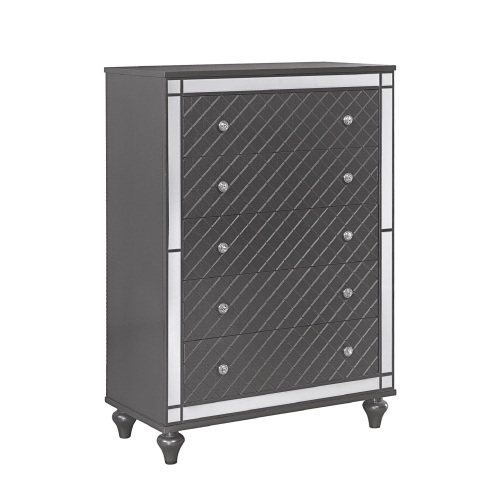 1Pc Glam Contemporary Style 5-Drawer Chest Storage Drawers w Mirror Plating Tapered Legs Gray Finish Bedroom Solid Wood Wooden Furniture - Not Specified - Not Specified - Not Specified - Not Specified - Not Specified - Not Specified - Not Specified - Not Specified