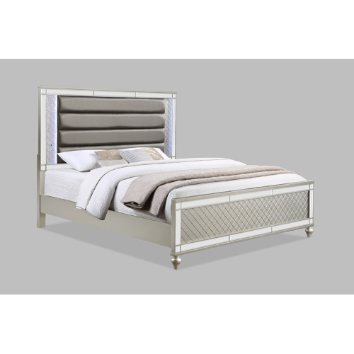 Modern Glam Style Champagne Finish King Size Panel Bed White & Blue LED Light Mirror Accents Faux Leather Upholstery Solid Wood Wooden Bedroom Furniture - Wood+Fabric - Glam,Modern - Box Spring Required