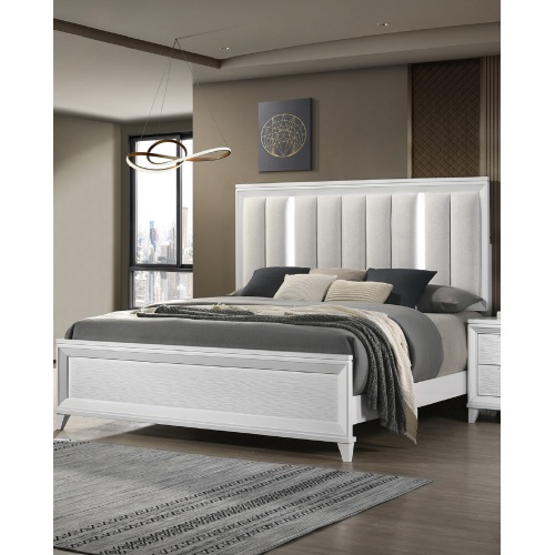 1pc Queen Size LED Light Linen Look Fabric Upholstered Headboard Panel Bed White Finish Solid Wood Wooden Bedroom Furniture - Wood+Fabric - Modern - Box Spring Required