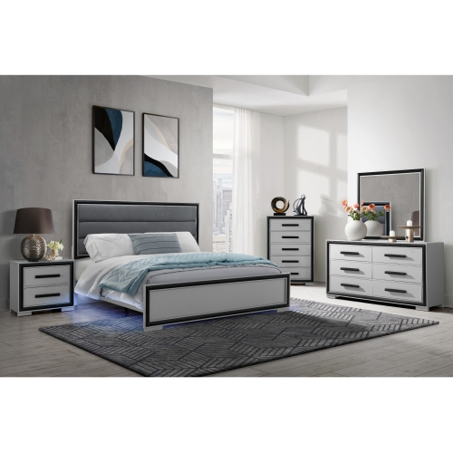ADELAIDE GREY BLACK 5PC.KING BEDROOM SET - Solid Wood+MDF - Solid Wood+MDF - Modern - Rubberwood - Gray - Not Specified - Not Specified - Not Specified - Not Specified - Box Spring Required - Polyester - 5 Piece Set - Bed Included,Chest Included,Dresser Included,Mirror Included,Nightstand Included - Built-in Lighting