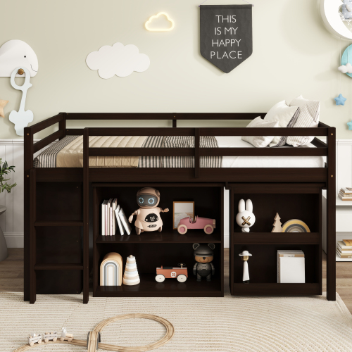 Twin Loft Bed with ,Drawer Cabinet, Shelf Cabinet and Pulling -Out Desk,Rubber Wood Loft Bed with Safety Guardrail ,Ladder,Espresso - Not Specified - American Design - Bedroom - Bed Frame