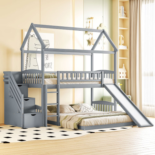 Twin Over Full Bunk Bed with Slide, House Bed with Slide, Gray - Pine