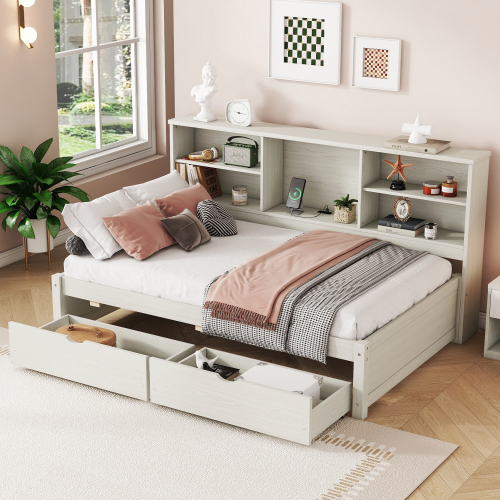 Twin Size Bed Frame With Side Bookshelves, Two Drawers, And Built-in USB Port For Creamy White Color - Particle Board,Plywood,Rubber Wood - Bedroom - Bookcase - Box Spring Not Required
