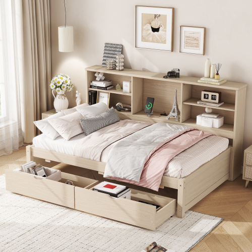 Twin Size Bed Frame With Side Bookshelves, Two Drawers, And Built-in USB Port For Natural Color - Particle Board,Plywood,Rubber Wood - Bedroom - Bookcase - Box Spring Not Required