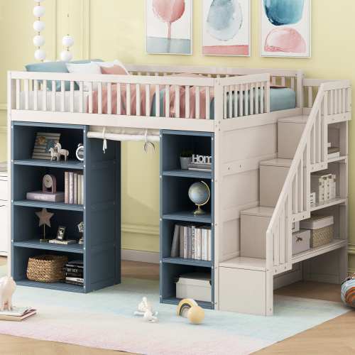 Full Size Loft Bed with 2 Four-layer Storage Cabinets and Curtain, Cream White - Creamy White - Solid Wood+MDF