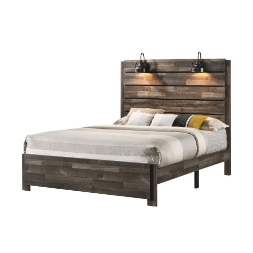 1pc Rustic Style Butcher Block Finish Weathered Brown Finish Queen Size Bed w/ Lamp Wooden Bedroom Furniture - Wood+Fabric - Contemporary,Transitional