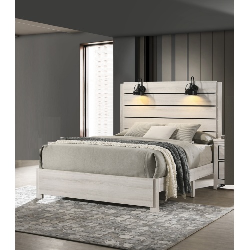 1pc Rustic Style Butcher Block Finish Weathered Cream White Finish Queen Size Bed w/ Lamp Wooden Bedroom Furniture - Antique White - Contemporary,Transitional - Box Spring Not Required