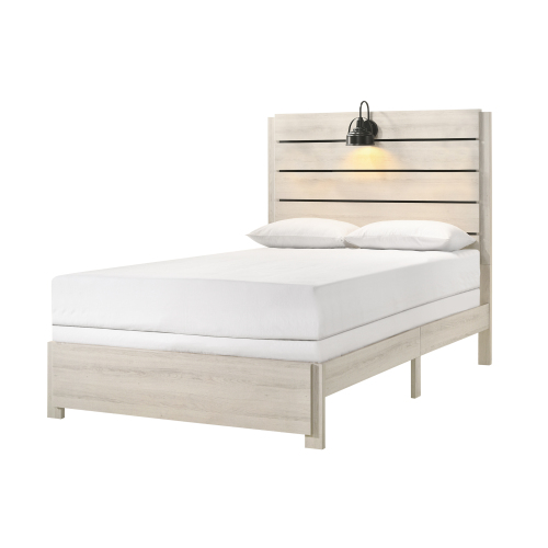 1pc Rustic Style Butcher Block Finish Weathered Cream White Finish Full Size Bed w/ Lamp Wooden Bedroom Furniture - Antique White - Contemporary,Transitional - Box Spring Not Required