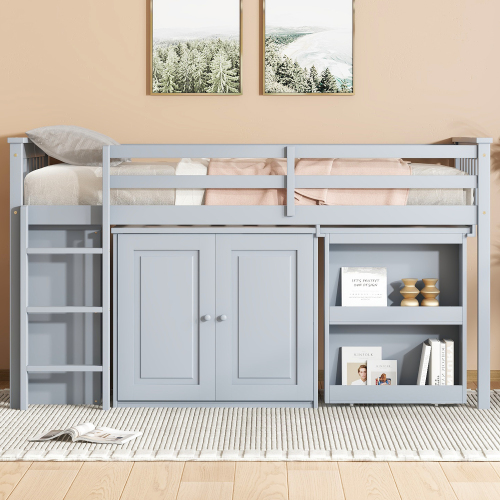 Twin Loft Bed with Storage Cabinet, Drawer and Shelf Cabinet and Pulling-Out Desk, Rubber Wood Loft Bed with Safety Guardrail, Ladder,Grey (Old Sku W504S00209)