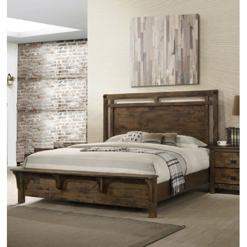 1pc Rustic Industrial Style Brown Finish King Size Panel Bed w Built in Bench Footboard Solid Wood Wooden Bedroom Furniture - Solid Wood,Wood - Contemporary,Industrial,Rustic - Queen