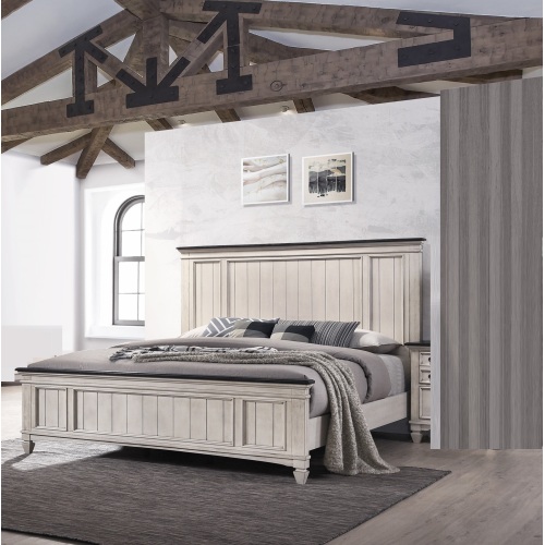1pc Rustic Industrial Style Brown Finish Queen Size Panel Bed w Built in Bench Footboard Solid Wood Wooden Bedroom Furniture - Beige+Brown - Contemporary,Farmhouse,Rustic