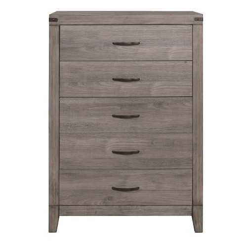 Brownish Gray Finish 1pc Bedroom Chest of 5 Drawers Melamine Laminate Dark Metal Hardware Corner Rivets - Brown Gray - Wood - Not Specified - Not Specified - Not Specified - Not Specified - Not Specified - Not Specified - Not Specified