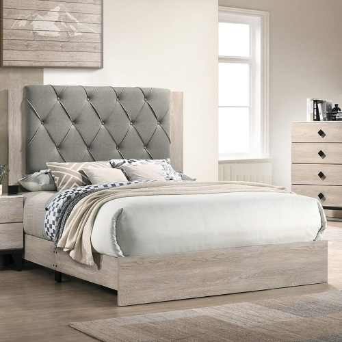 Contemporary 1pc Cream Finish Queen Size Bed Bedroom Furniture Gray Tufted Design Headboard Rubberwood 1pc Bedframe - Cream+Grey - Rubber Wood - Classic,Contemporary,Modern,Transitional - Not Specified - Not Specified - Not Specified - Grey - Bed Frame - Box Spring Required - Not Specified