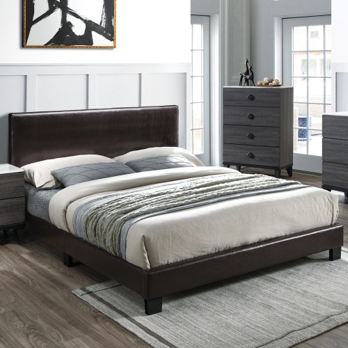 Modern Brown 1pc Full Size Bed Faux Leather Upholstered Bedframe Bedroom Furniture Adjustable Headboard - Brown,Espresso - Faux Leather,MDF,Particle Board - Contemporary,Modern,Transitional - Not Specified - Not Specified - Not Specified - Espresso - Bed Frame - Rubberwood - Wood - Box Spring Required