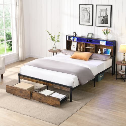 Full Size Metal Platform Bed Frame with Wooden Headboard and with Footboard USB,Charging Station,2 Drawers,storage, LED Lights, No Box Spring Needed, Easy Assemble - MDF+Metal
