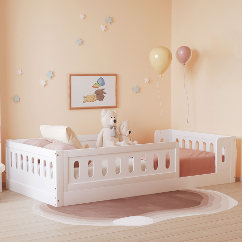 Wood Twin Size Platform Bed with Guardrail, White - Solid Wood+MDF - Bed Frame - Box Spring Not Required